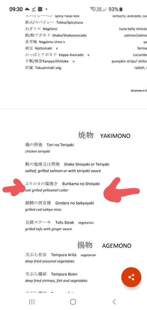 Menu with the yellowtail collar